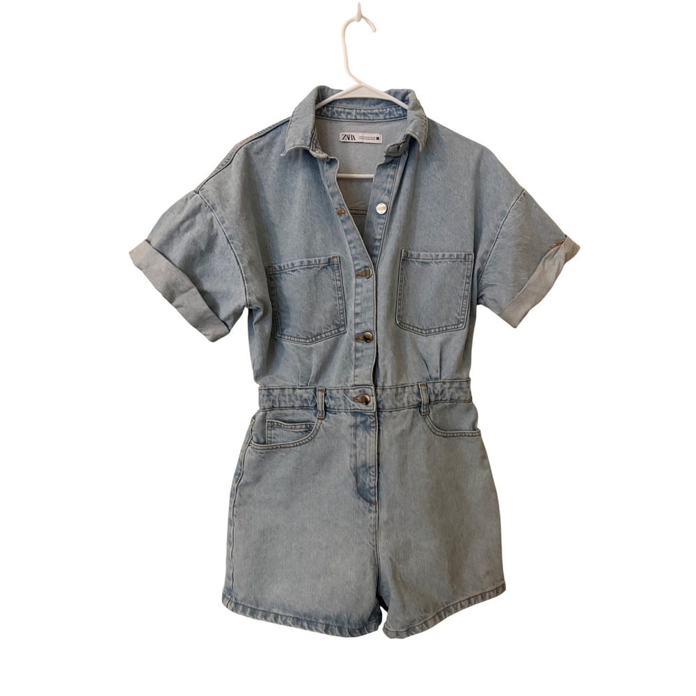 Zara Womens Light Wash Denim Romper Short Sleeve Button Front Size Medium